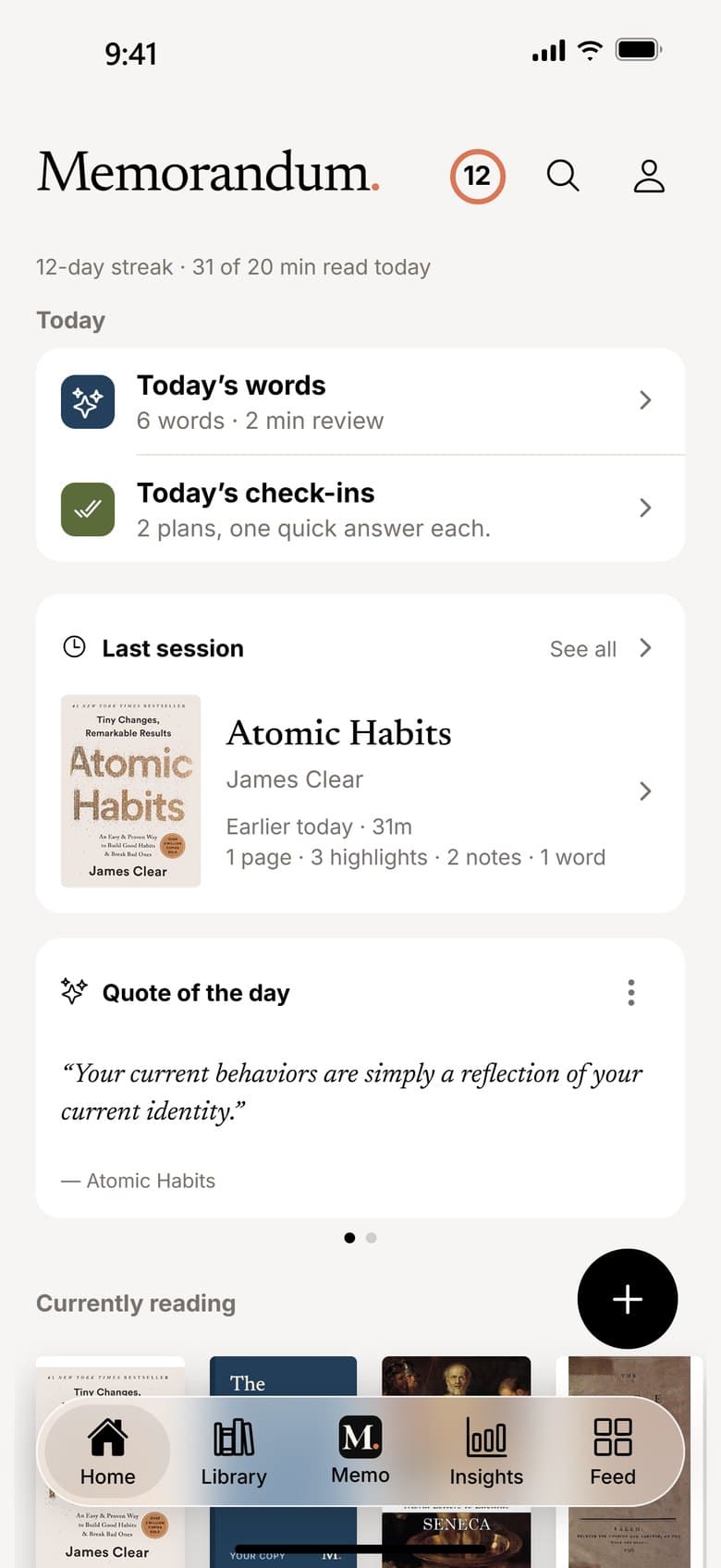 Memorandum app home: your last session, today's words, check-ins and a quote of the day