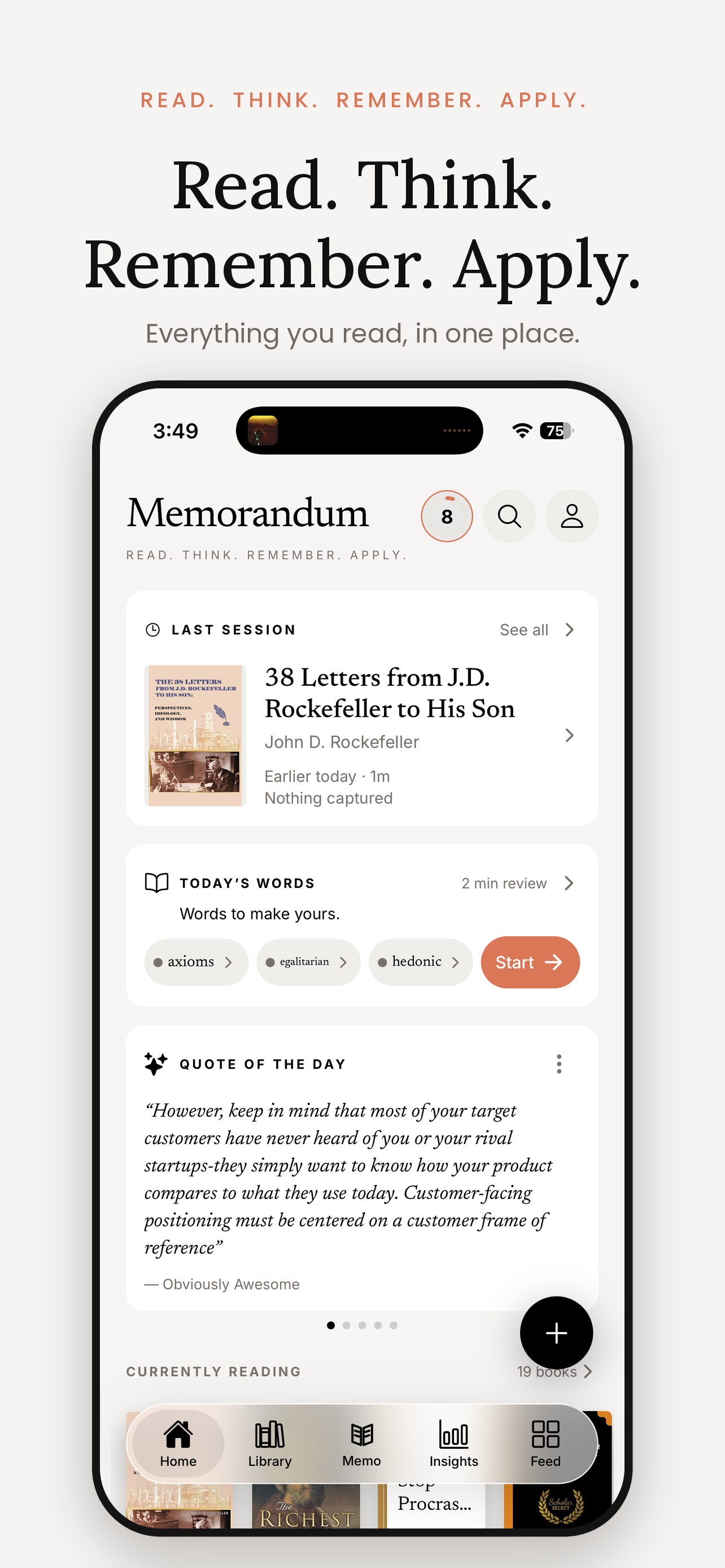 Memorandum app home with your last session and saved reading