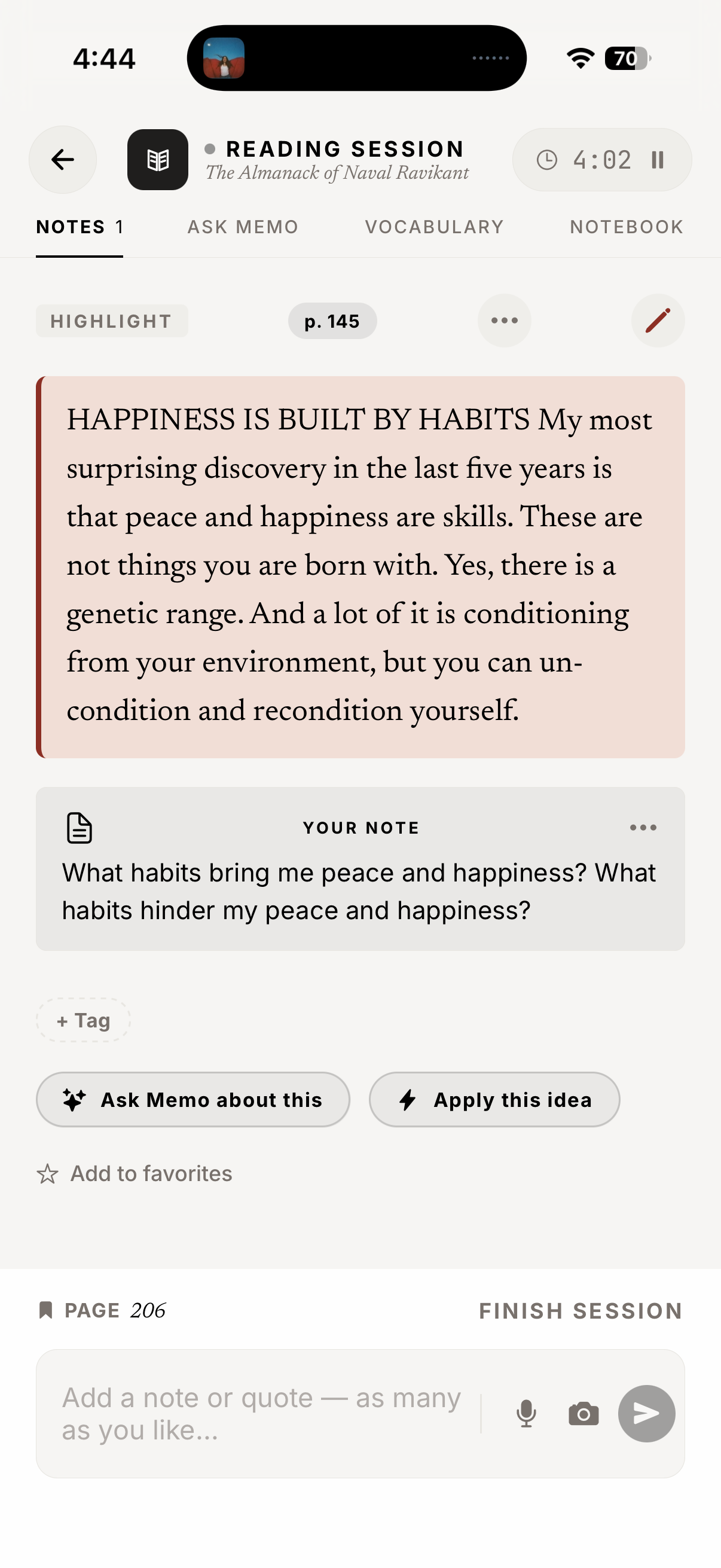 A reading session in Memorandum: the saved passage beside your own thought