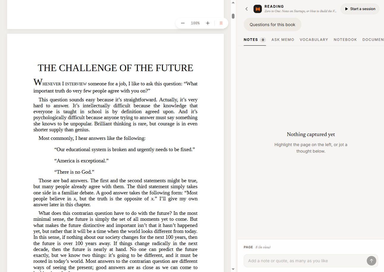 Zero to One open in the Memorandum web reader.